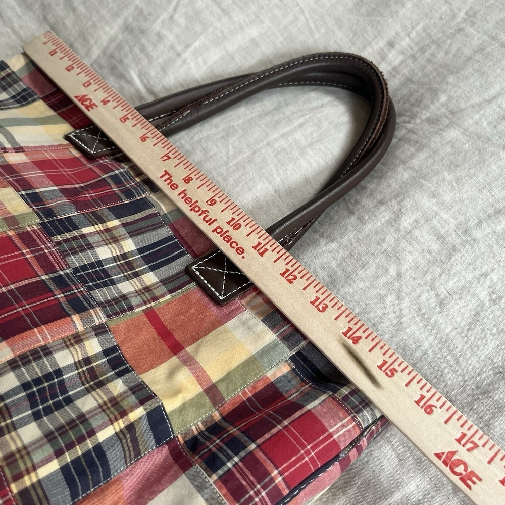 Vintage L.L. Bean Plaid Patchwork Leather Handle Tote Canvas - Picture 6 of 9